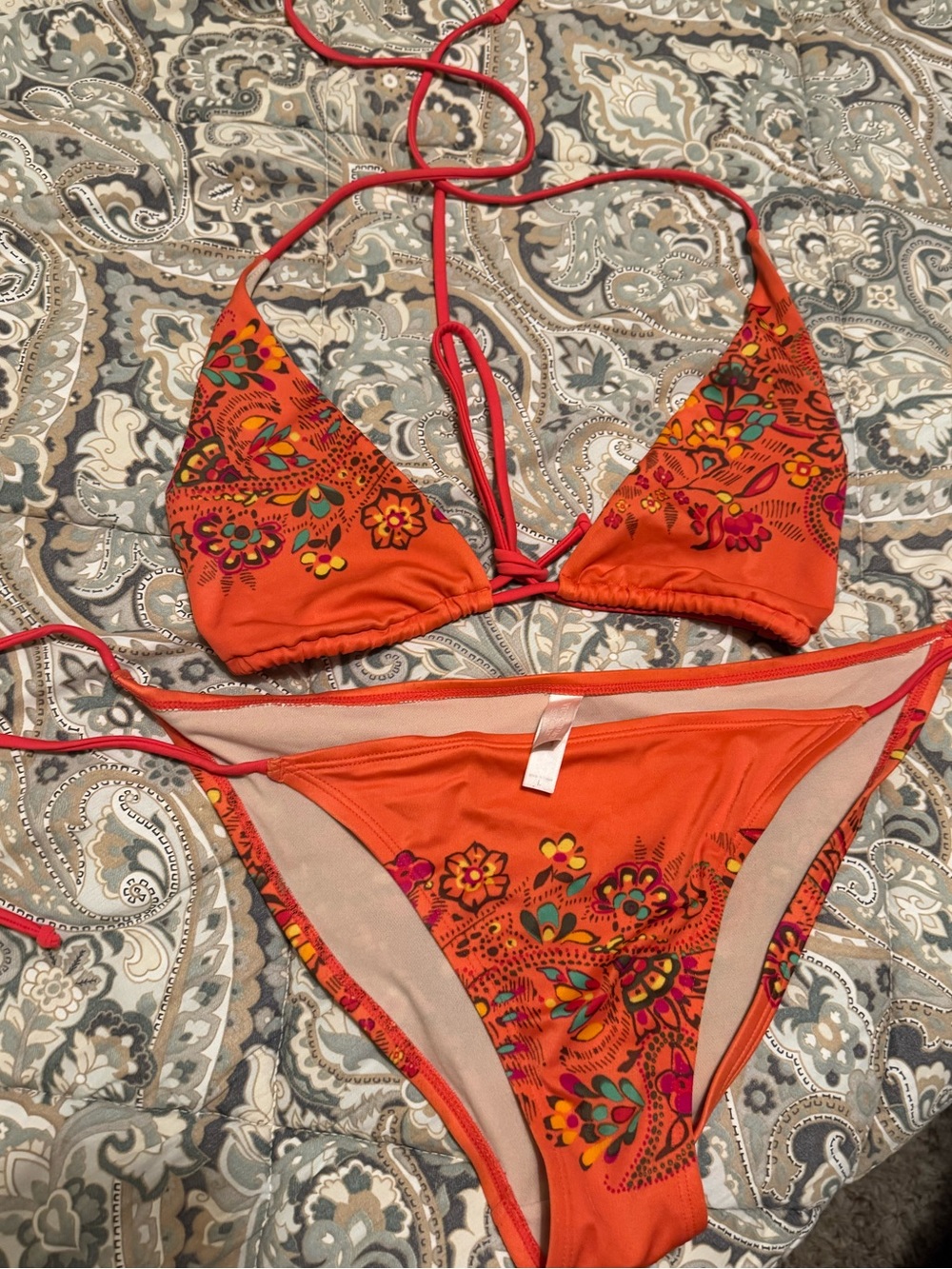 Victoria Secret Size Large String Triangle Bikini Set Orange Floral Paisley EUC